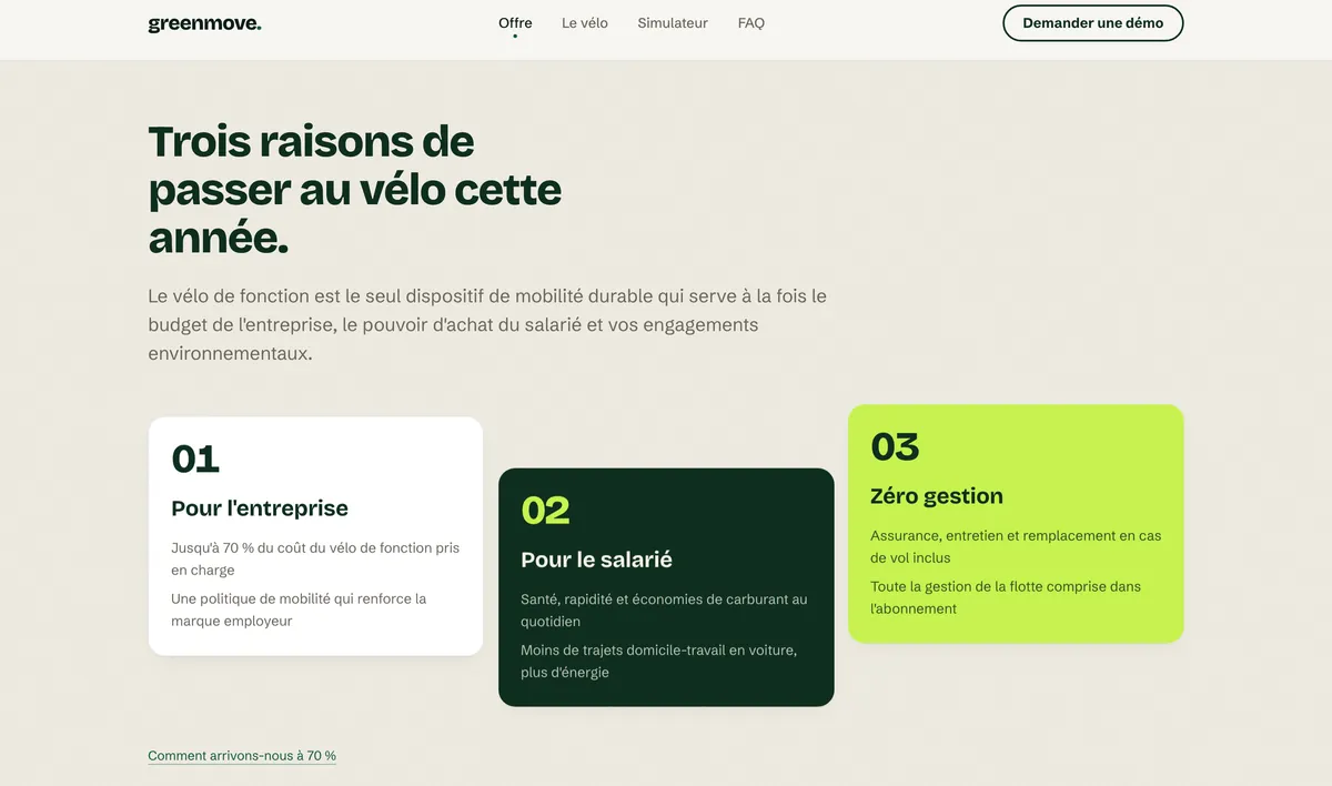 Section avantages de la landing page GreenMove : trois bénéfices, entreprise, salarié et gestion