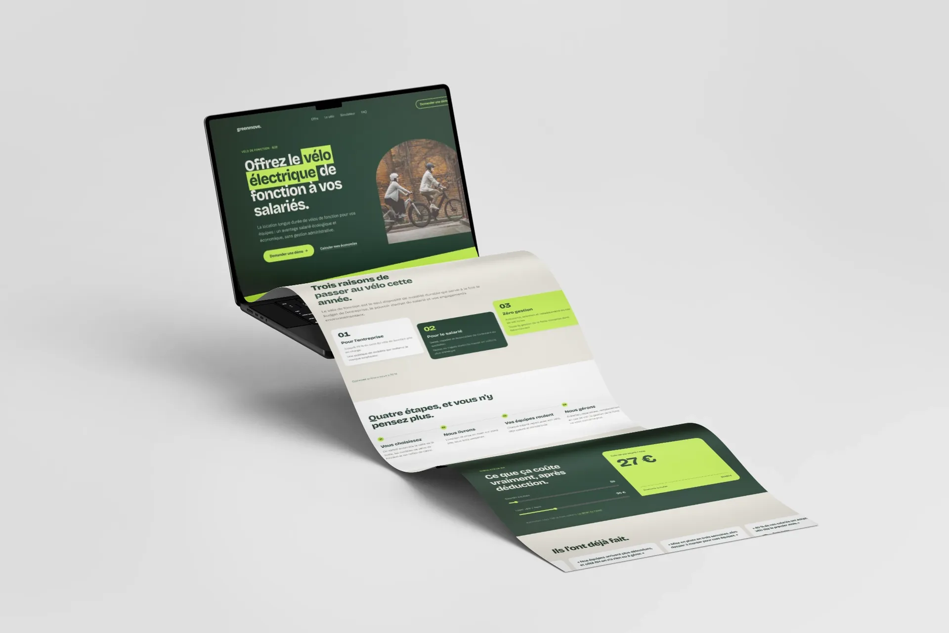 La landing page GreenMove sur ordinateur portable, offre de vélo électrique de fonction en B2B, par Studio Macla