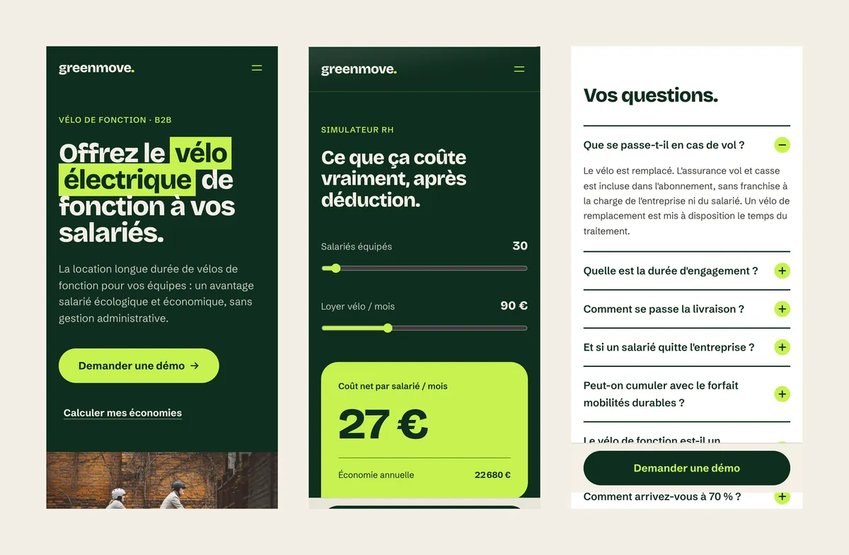 La landing page GreenMove sur mobile : accroche, simulateur et questions fréquentes