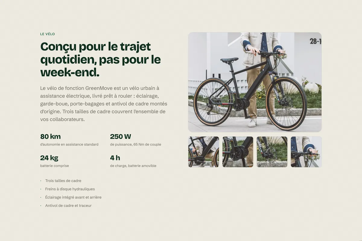 Section Le vélo de la landing page GreenMove : caractéristiques et photos de détail du vélo de fonction