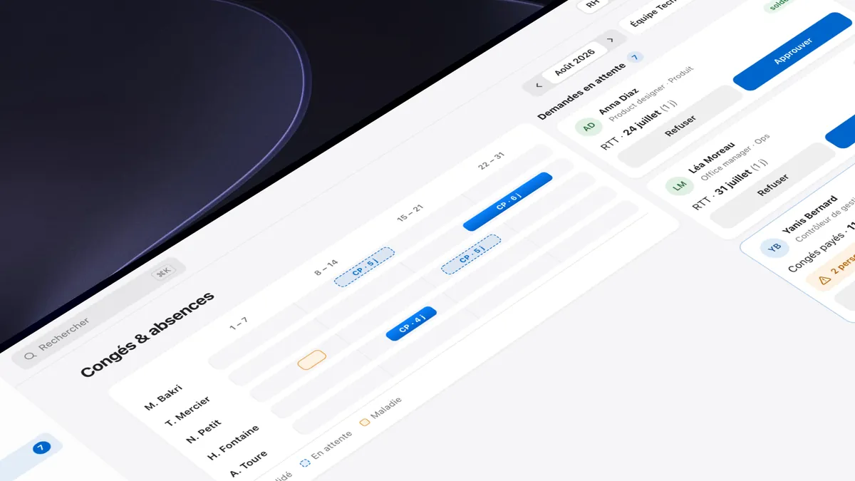 Module Congés et absences de PeopleOS : planning d'équipe et file de validation