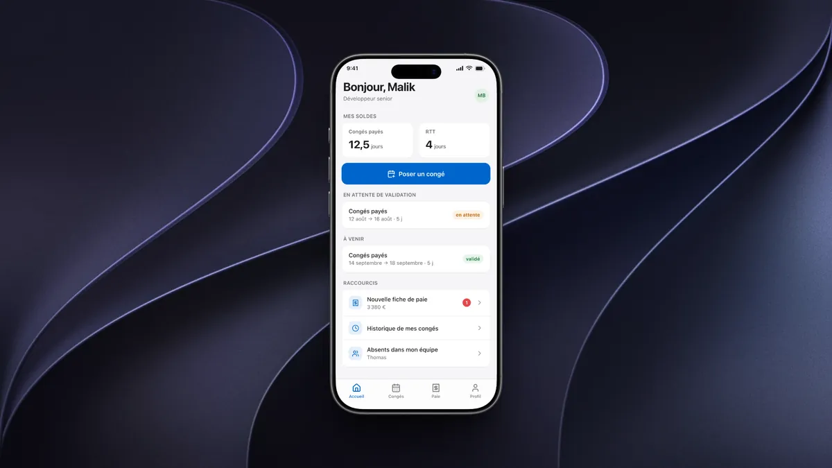 Accueil de l'application mobile PeopleOS côté salarié : soldes, congés à venir, raccourcis