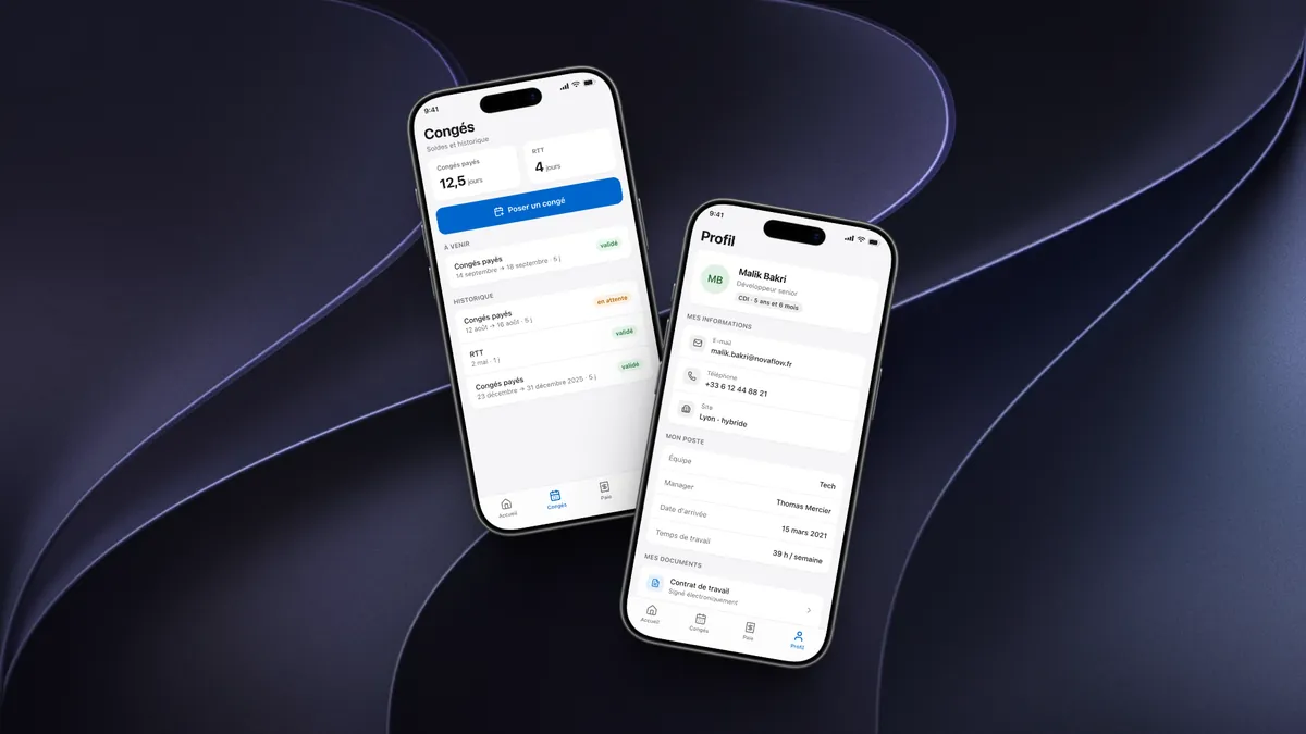 Écrans Congés et Profil de l'application mobile PeopleOS, sur deux téléphones