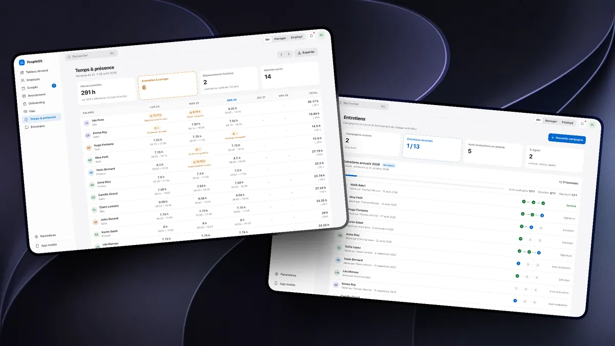 Modules Temps et présence et Entretiens de PeopleOS, sur deux tablettes