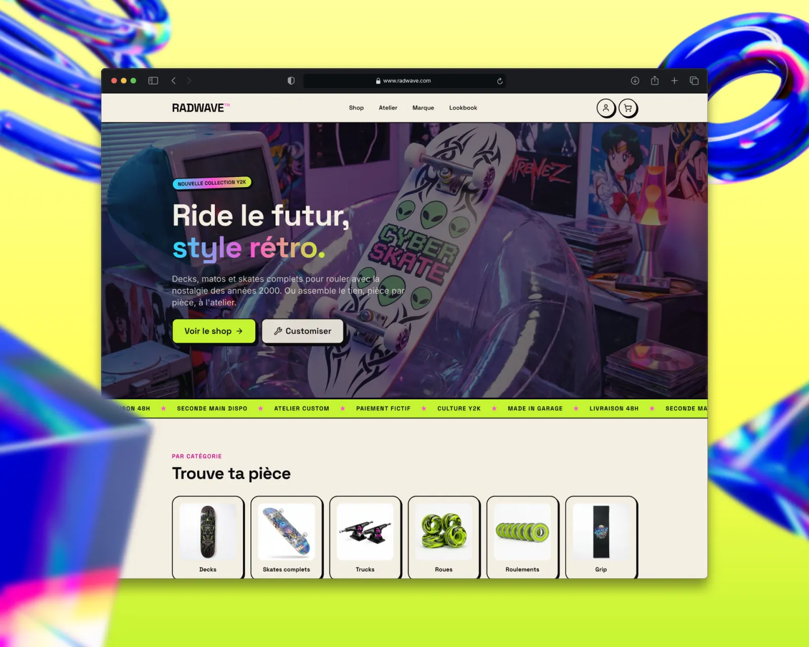 Page d'accueil du concept e-commerce RADWAVE, démo par Studio Macla, webdesigner à Tours
