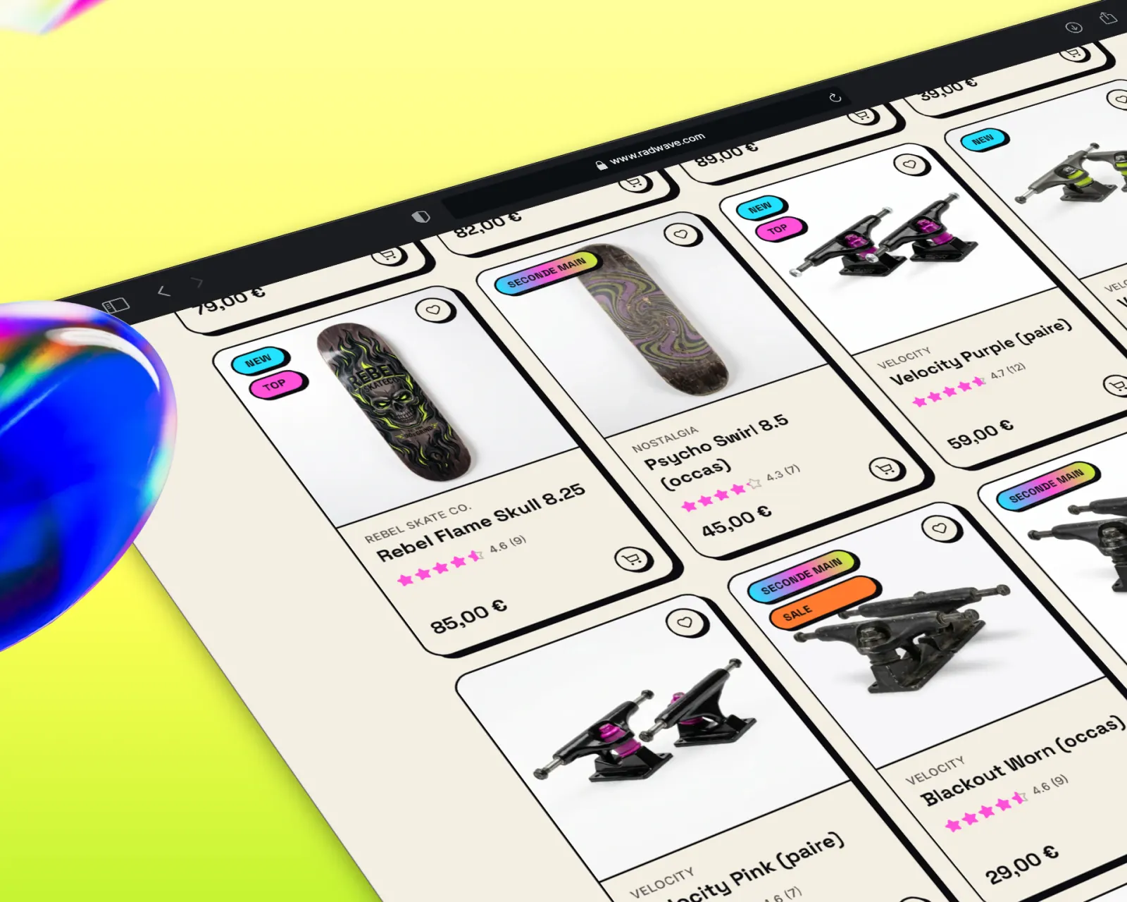 Catalogue produits du concept e-commerce RADWAVE, démo par Studio Macla, webdesigner à Tours