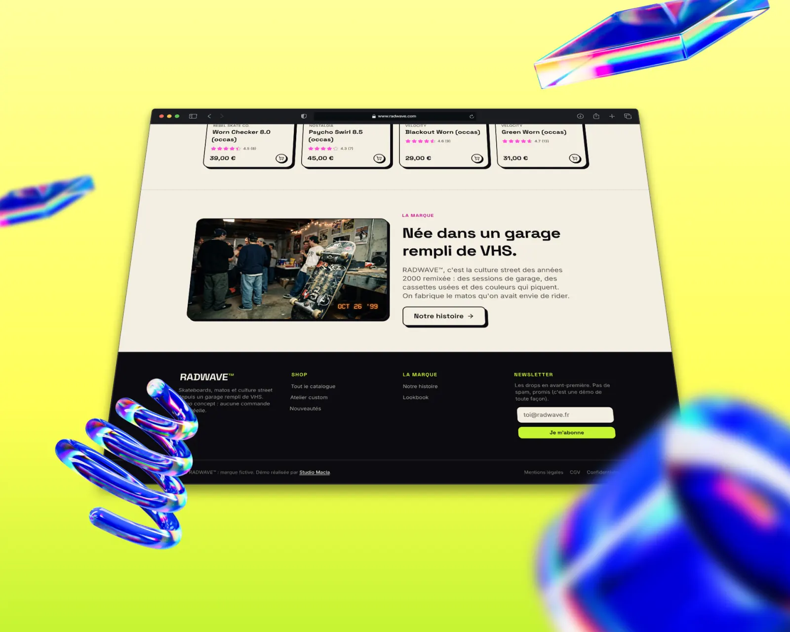 Bas de page catalogue et bloc marque du concept RADWAVE, démo par Studio Macla, webdesigner à Tours