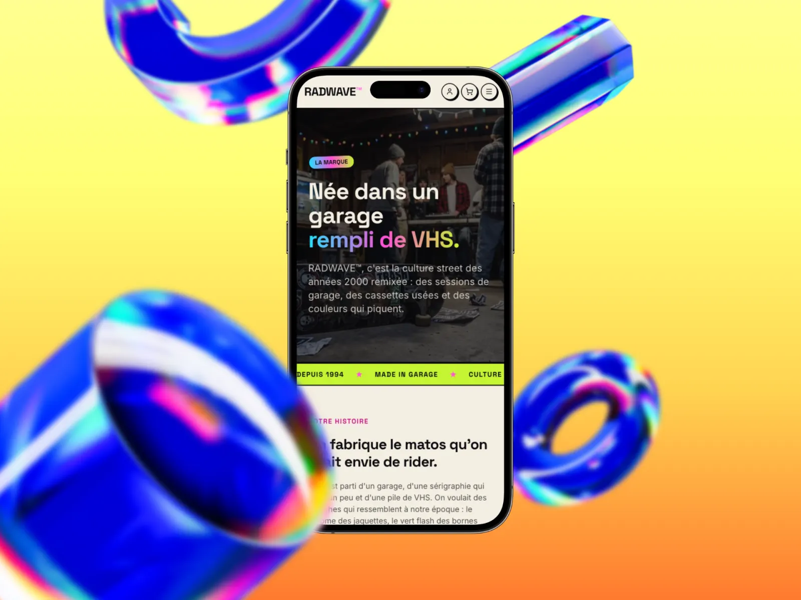 Page 'La marque' du concept RADWAVE sur mobile, démo e-commerce par Studio Macla, webdesigner à Tours