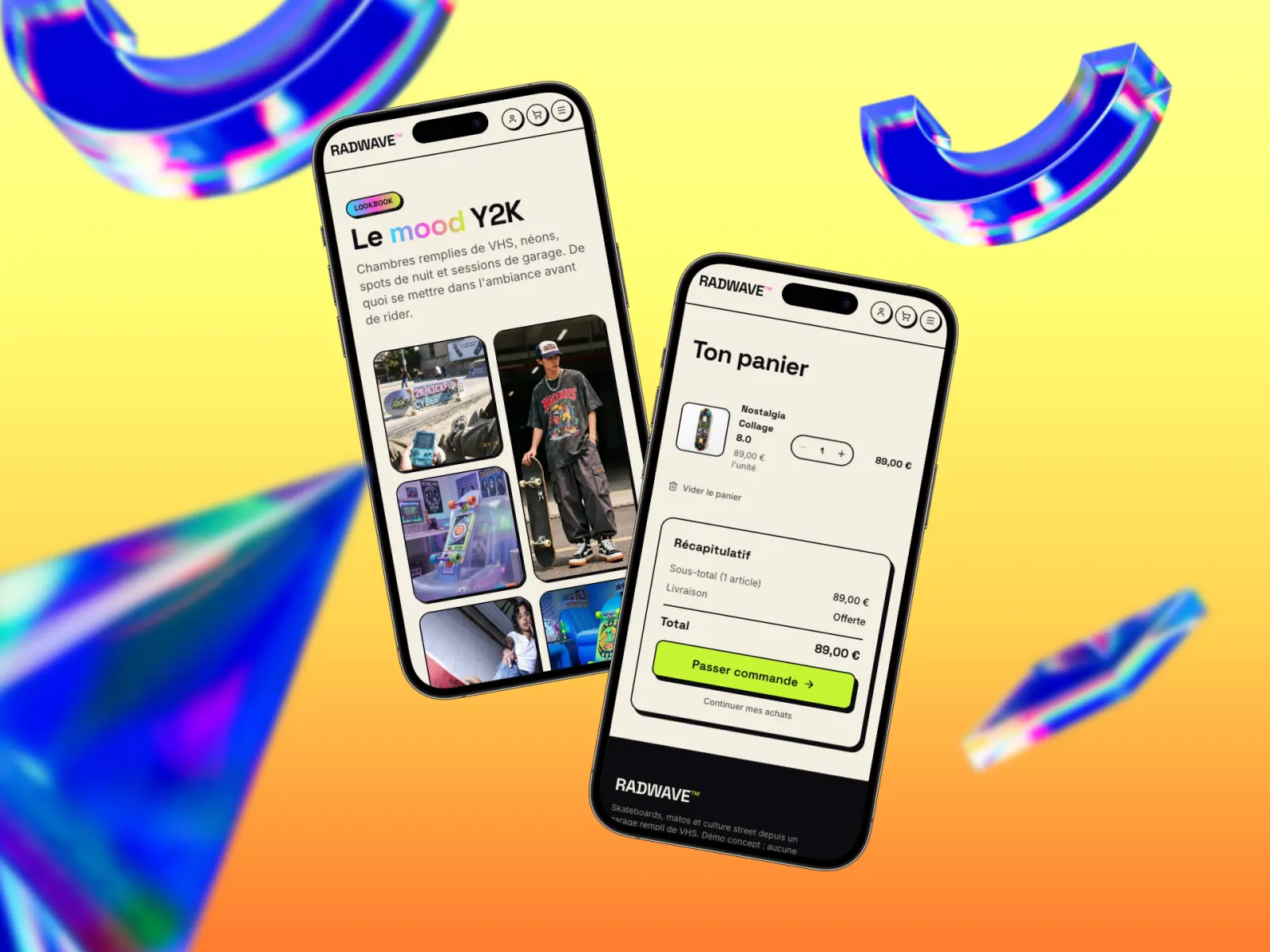 Pages Lookbook et Panier du concept RADWAVE sur mobile, démo par Studio Macla, webdesigner à Tours