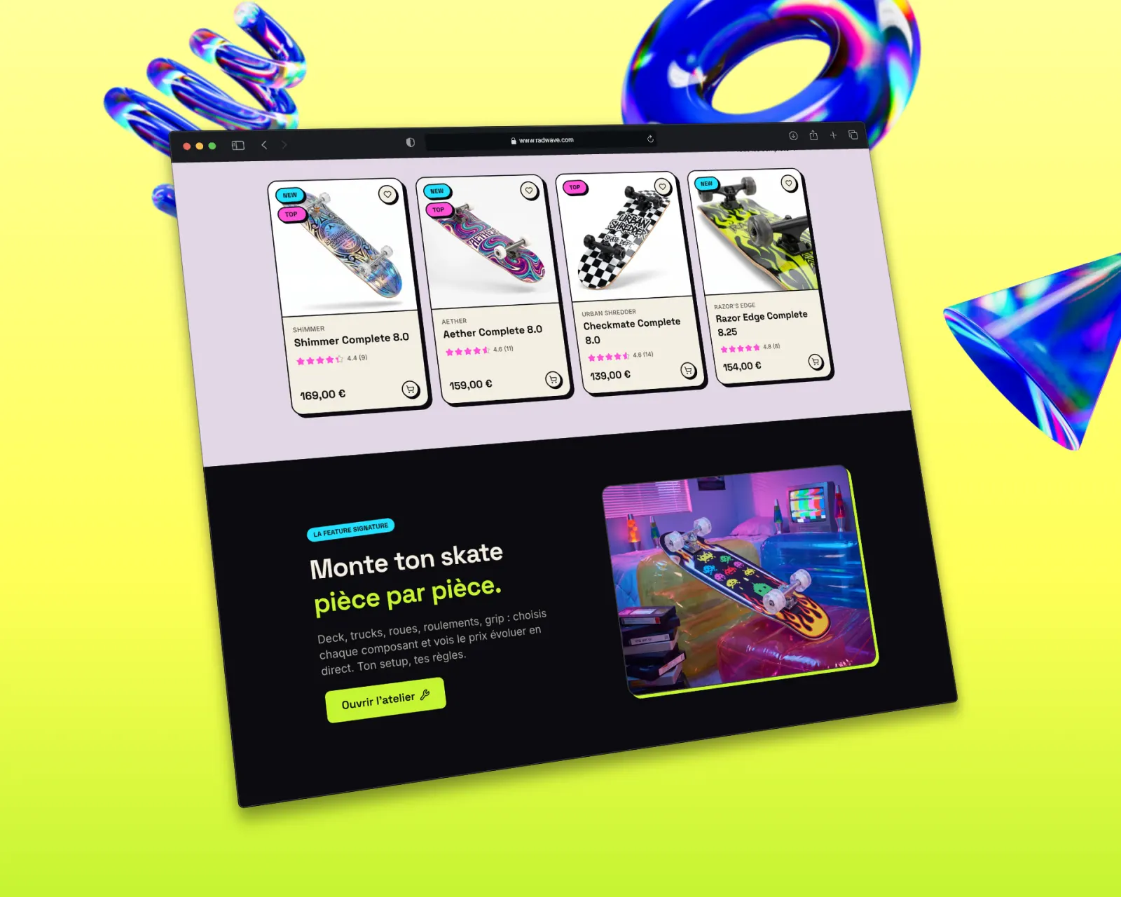 Sélection produits et teaser de l'atelier custom du concept RADWAVE, démo par Studio Macla, webdesigner à Tours