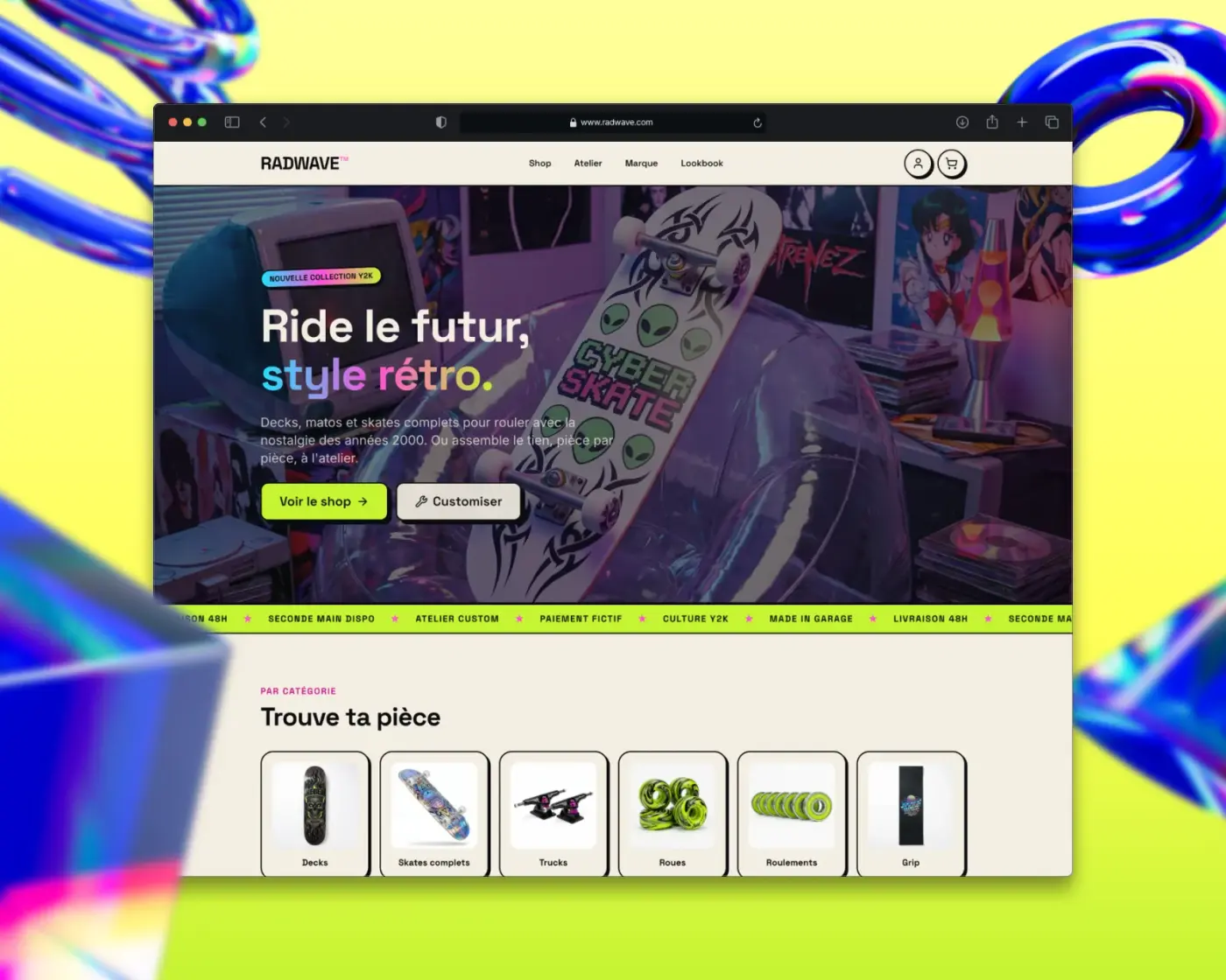 Page d'accueil de RADWAVE, démo front-end d'e-commerce skateboard, par Studio Macla