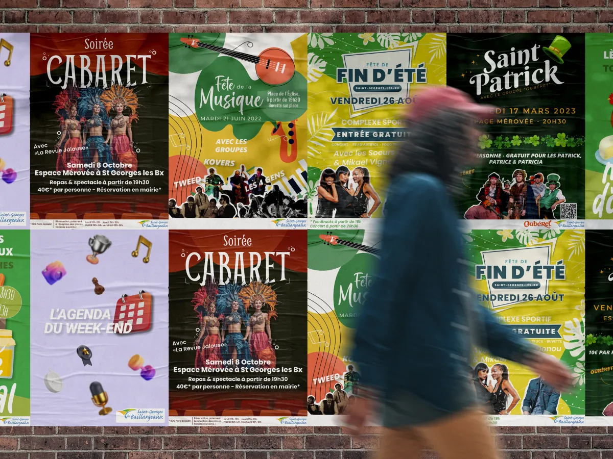 Mur d’affiches événementielles à Tours, créations de Studio Macla