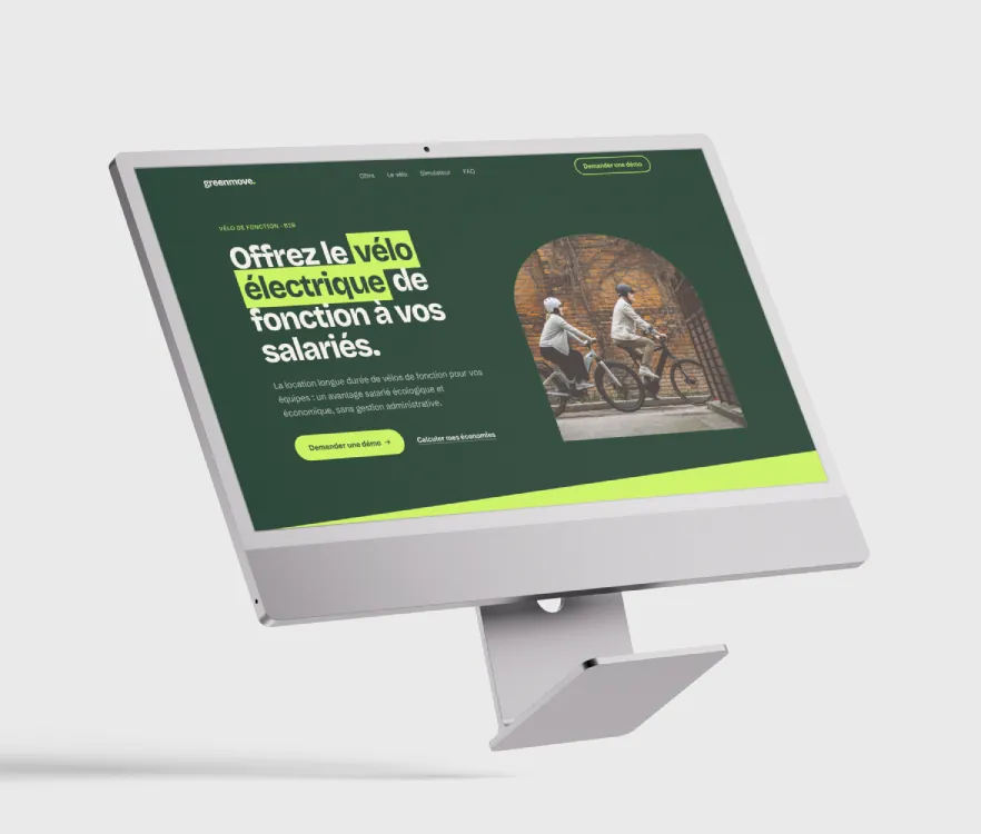 Landing page GreenMove affichée sur un iMac, création de Studio Macla