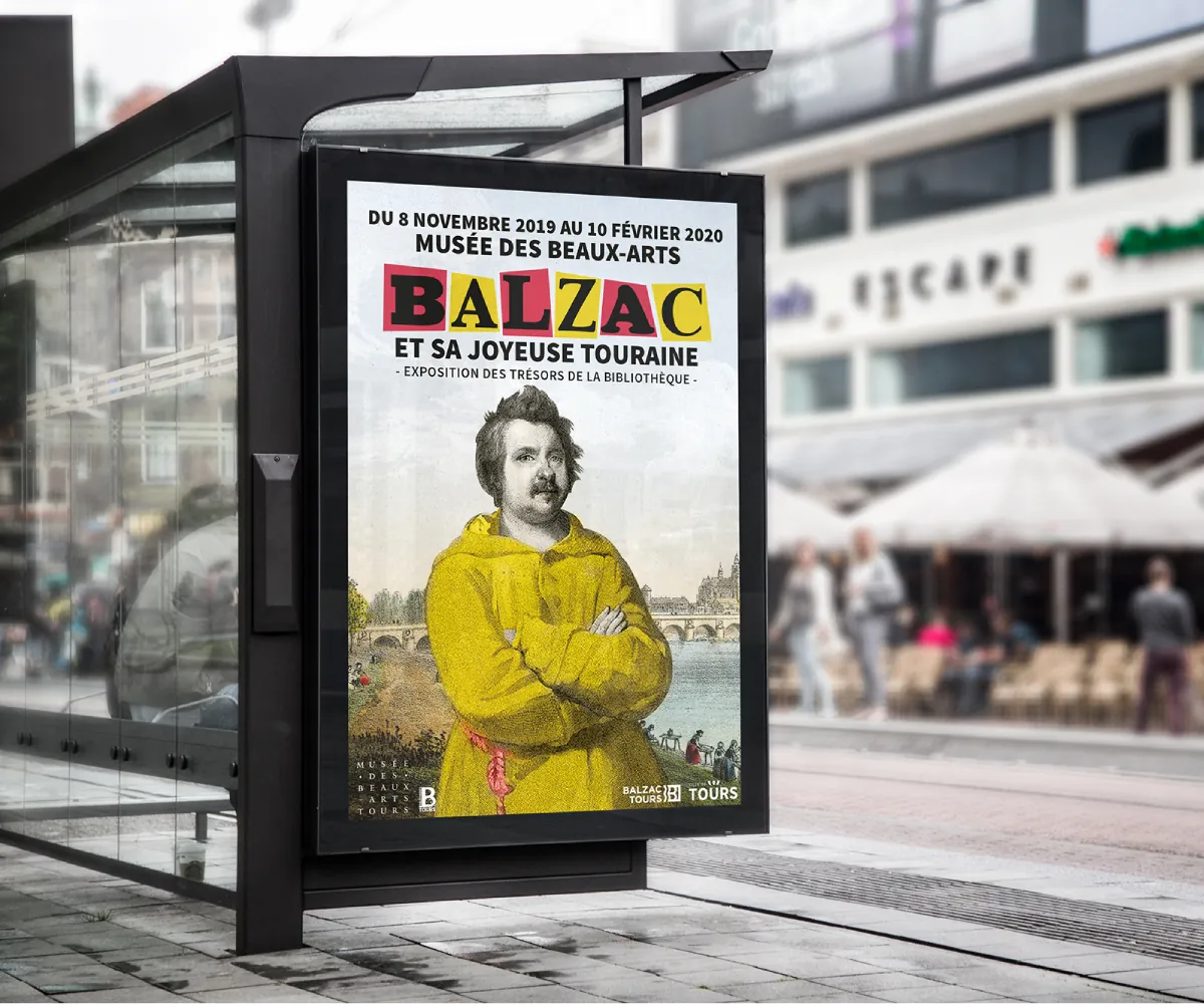 Affiche Balzac et sa joyeuse Touraine dans un abribus, en ville : affiche réalisée par Studio Macla